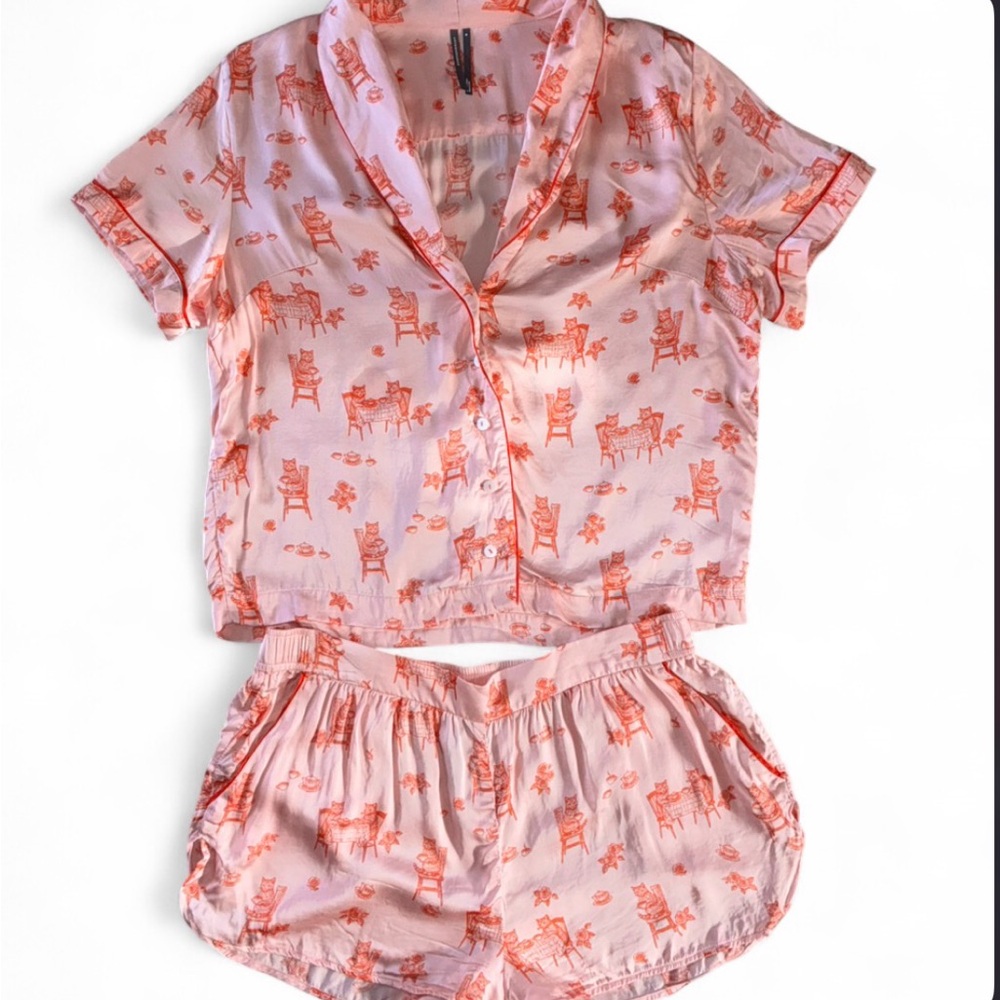 Anthropologie Pink & Coral Printed Short Pajama Set